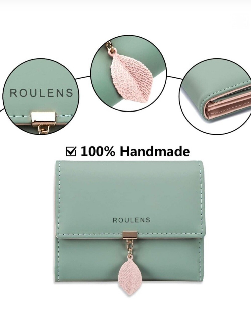 Roulens RFID Green Blush Pink Faux Leather Bifold Snap Wallet - Picture 11 of 12